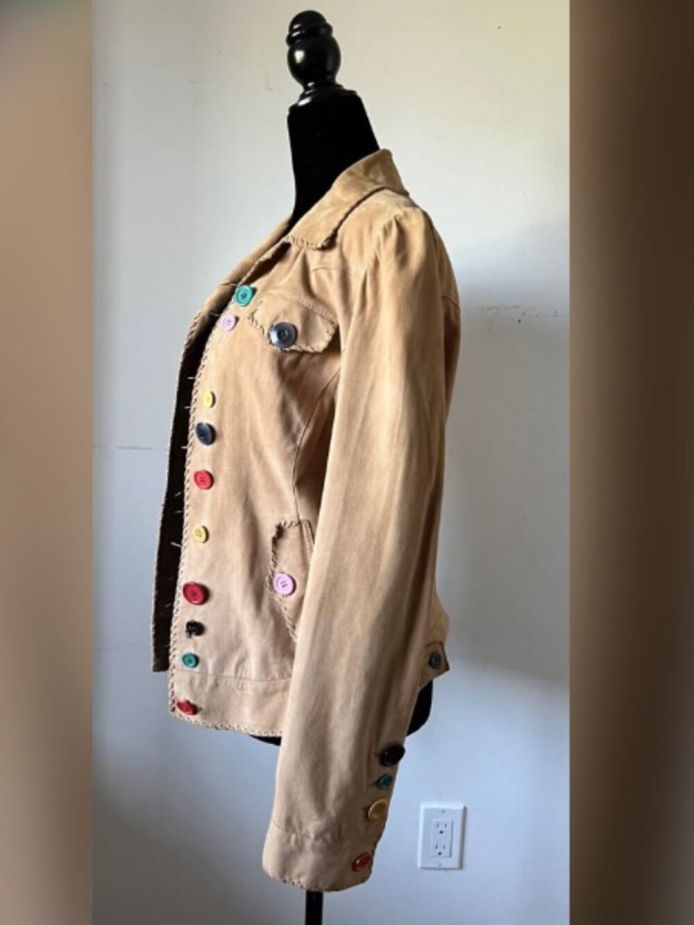 Moschino Camel Tan Suede Leather Jacket w/ multi colored buttons Small/Medium - Picture 10 of 11